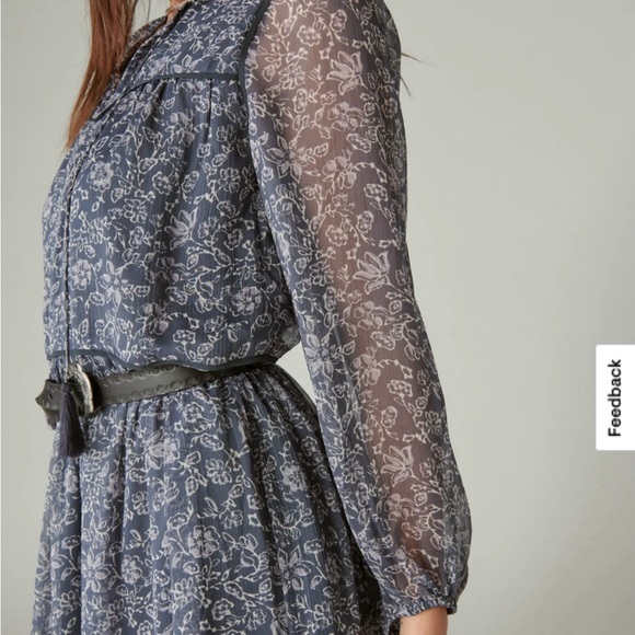 Lucky Brand Long Sleeve Peasant Tiered Maxi Dress Grey Cream Floral Size XS - Picture 9 of 11